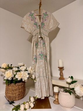 Cream Floral Embroidered Maxi Dress